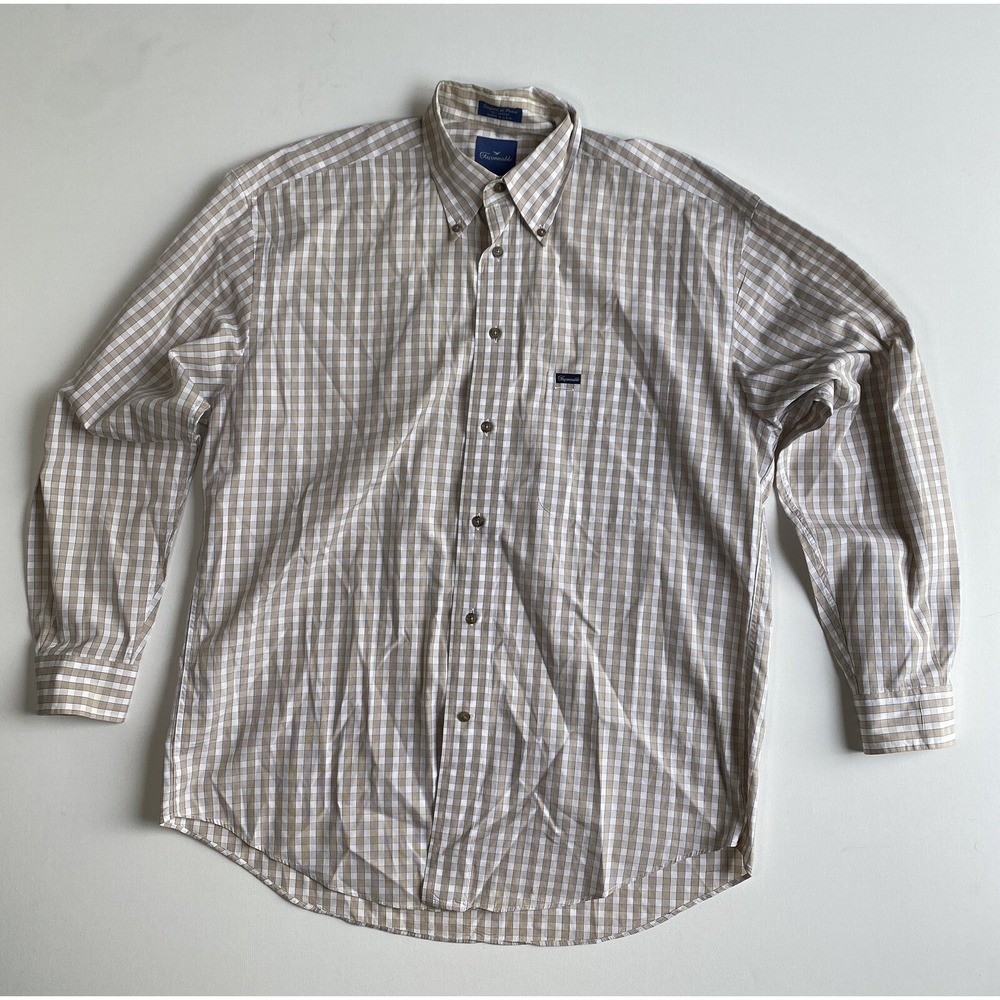 Faconnable Mens Large White Brown Plaid Button Down Shirt Classic Career Cotton